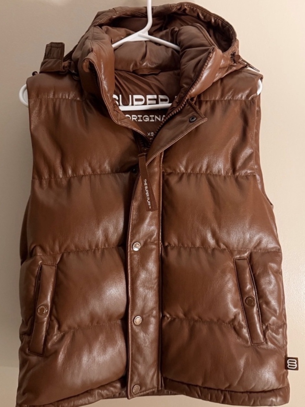 SuperPuff Women's Hooded Puffer Vest in Brown Size XS Like New
